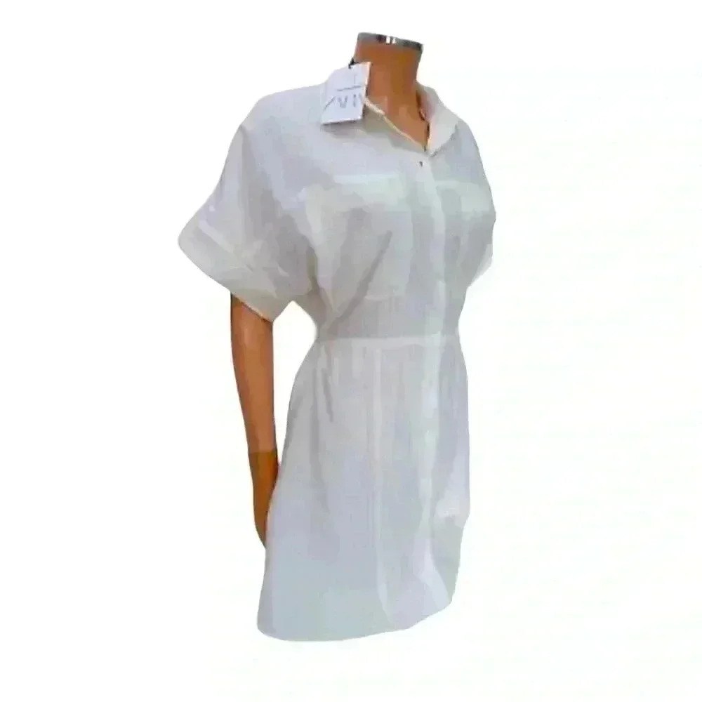 NWT ZARA women’s collar button down ivory/ cream short dress chest front pockets
